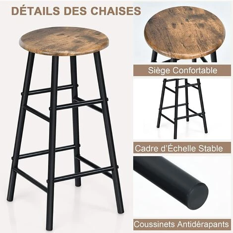 COSTWAY Ensemble Table De Bar Et Chaises, Table Haute Avec 2 Tabourets Avec Repose-Pieds Marron 5 COSTWAY Ensemble Table De Bar Et Chaises, Table Haute Avec 2 Tabourets Avec Repose-Pieds Marron – Image 3