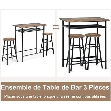 COSTWAY Ensemble Table De Bar Et Chaises, Table Haute Avec 2 Tabourets Avec Repose-Pieds Marron 7 COSTWAY Ensemble Table De Bar Et Chaises, Table Haute Avec 2 Tabourets Avec Repose-Pieds Marron – Image 5