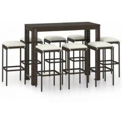 TRUE DEAL Meuble De Bar De Jardin 9 Pcs Et Coussins Résine Tressée Marron -Table haute et bar Soldes 54482605 2