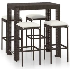 TRUE DEAL Meuble De Bar De Jardin 5 Pcs Et Coussins Résine Tressée Marron -Table haute et bar Soldes 54484956 2