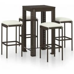 TRUE DEAL Meuble De Bar De Jardin 5 Pcs Et Coussins Résine Tressée Marron -Table haute et bar Soldes 54486210 2