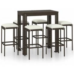 TRUE DEAL Meuble De Bar De Jardin 7 Pcs Et Coussins Résine Tressée Marron -Table haute et bar Soldes 54486213 2