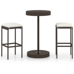TRUE DEAL Meuble De Bar De Jardin 3 Pcs Et Coussins Résine Tressée Marron -Table haute et bar Soldes 54488279 2