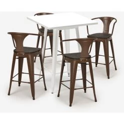 AHD AMAZING HOME DESIGN Ensemble 4 Tabourets Tolix Table Haute 60x60cm Métal Blanc Bucket Wood White | Couleur: Marron -Table haute et bar Soldes 54641078 3