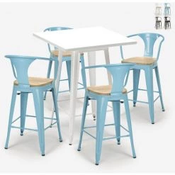 AHD AMAZING HOME DESIGN Ensemble Table Métal Blanc 60x60cm 4 Tabourets Tolix Bucket White Top Light | Couleur: Turquoise