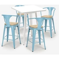 AHD AMAZING HOME DESIGN Ensemble Table Métal Blanc 60x60cm 4 Tabourets Tolix Bucket White Top Light | Couleur: Turquoise -Table haute et bar Soldes 54641082 3