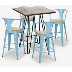 AHD AMAZING HOME DESIGN Ensemble Table Haute 60x60cm 4 Tabourets Tolix Bar Cuisine Mason Noix Top Light | Couleur: Turquoise -Table haute et bar Soldes 54641103 3