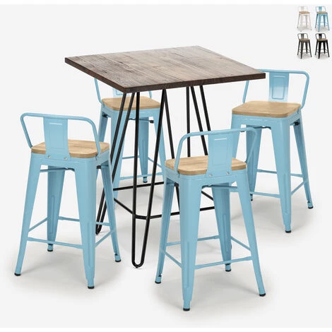 AHD AMAZING HOME DESIGN Ensemble 4 Tabourets Style Tolix Table 60x60cm Industriel Mason Noix Steel Top Light | Couleur: Turquoise 3 AHD AMAZING HOME DESIGN Ensemble 4 Tabourets Style Tolix Table 60x60cm Industriel Mason Noix Steel Top Light | Couleur: Turquoise