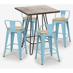 AHD AMAZING HOME DESIGN Ensemble 4 Tabourets Style Tolix Table 60x60cm Industriel Mason Noix Steel Top Light | Couleur: Turquoise 9 AHD AMAZING HOME DESIGN Ensemble 4 Tabourets Style Tolix Table 60x60cm Industriel Mason Noix Steel Top Light | Couleur: Turquoise -Table haute et bar Soldes 54641113 3