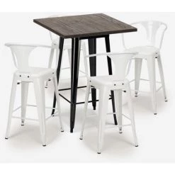 AHD AMAZING HOME DESIGN Ensemble 4 Tabourets Tolix Métal Table Haute Bois 60x60cm Bruck Black | Couleur: Blanc -Table haute et bar Soldes 54641119 3