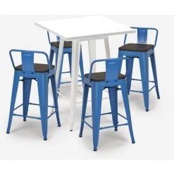 AHD AMAZING HOME DESIGN Ensemble 4 Tabourets Tolix Table 60x60cm Métal Blanc Industriel Buch White | Couleur: Bleu -Table haute et bar Soldes 54641137 3