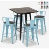 AHD AMAZING HOME DESIGN Ensemble 4 Tabourets Style Tolix Table 60x60cm Bois Métal Industriel Peaky Black | Couleur: Turquoise