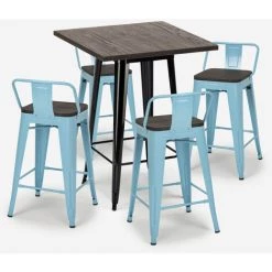AHD AMAZING HOME DESIGN Ensemble 4 Tabourets Style Tolix Table 60x60cm Bois Métal Industriel Peaky Black | Couleur: Turquoise -Table haute et bar Soldes 54641142 3