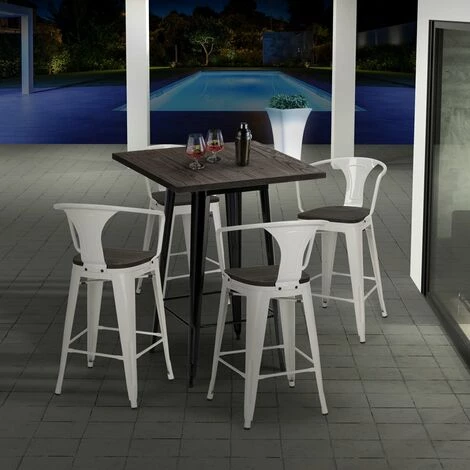 AHD AMAZING HOME DESIGN Ensemble 4 Tabourets Tolix Table Haute 60x60cm Métal Industriel Bruck Wood Black | Couleur: Marron 4 AHD AMAZING HOME DESIGN Ensemble 4 Tabourets Tolix Table Haute 60x60cm Métal Industriel Bruck Wood Black | Couleur: Marron – Image 2
