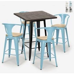 AHD AMAZING HOME DESIGN Ensemble Table Haute 60x60cm 4 Tabourets Tolix Bar Cuisine Bruck Black Top Light | Couleur: Turquoise
