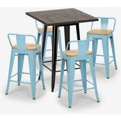 AHD AMAZING HOME DESIGN Ensemble 4 Tabourets Style Tolix Table 60x60cm Bar Bois Métal Industriel Rough Black | Couleur: Turquoise -Table haute et bar Soldes 54641213 3