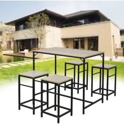 WYCTIN Hofuton Table Et Chaises De Bar, Ensemble Table Et 2 Tabourets Style De Bar En Fer Et Bois-Table Et Chaises, Avec Cadre En Métal Robuste, Pour Cuisine, Salon, Salle à Manger