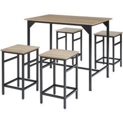 TECTAKE Ensemble Table De Bistrot EDINBURGH 1 Table + 4 Tabourets De Bar - Ensemble Table De Bar, Ensemble Table De Bistrot, Table Haute Avec 4 Tabouret De Bar - Bois Clair Industriel