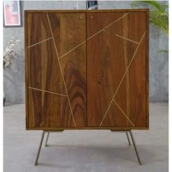 VENTE-UNIQUE.COM Meuble De Bar ORPHEA - 2 Portes - Bois De Sheesham & Métal Doré - Naturel Foncé