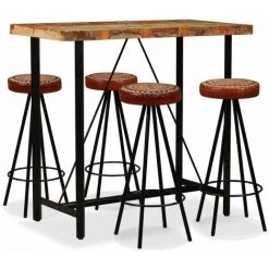 NOVA Ensemble De Table De Bar Avec Du Bois Massif-récouverte Des Tabourets En Bois Divers Morceaux Ensemble De Bar 5 Pcs Bois De Récupération Cuir Véritable Et Toile Des Modèles : 5 PCS