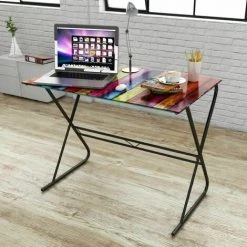 NOVA Table De Bureau PC Avec Verre Arc-en-ciel 80x50x75 Bureau En Verre à Motif D'arc-en-ciel