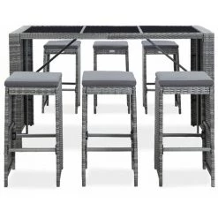 INLIFE Meuble De Bar De Jardin 7 Pcs Et Coussins Résine Tressée Gris