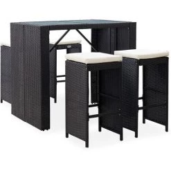 INLIFE Mobilier De Bar D'extérieur 5 Pcs Résine Tressée Et Verre Noir -Table haute et bar Soldes 58276546 2
