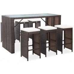 INLIFE Meuble De Bar De Jardin 7 Pcs Et Coussins Résine Tressée Marron - Brun