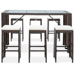 INLIFE Meuble De Bar De Jardin 7 Pcs Et Coussins Résine Tressée Marron - Brun -Table haute et bar Soldes 59172321 3