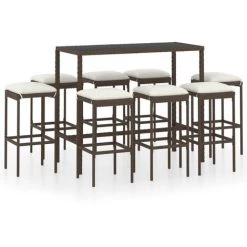 Topdeal Meuble De Bar De Jardin 9 Pcs Et Coussins Résine Tressée Marron FF3064825_FR