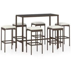 Topdeal Meuble De Bar De Jardin 7 Pcs Et Coussins Résine Tressée Marron FF3064822_FR