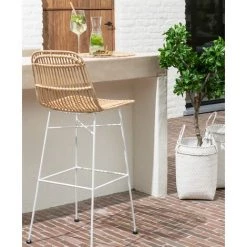 LES TENDANCES Chaise De Bar En Rotin Naturel Et Blanc Emile L 47 Cm -Table haute et bar Soldes 60258696 3