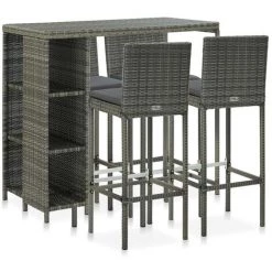 INLIFE Meuble De Bar De Jardin 5 Pcs Et Coussins Résine Tressée Gris