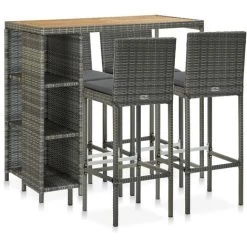 INLIFE Meuble De Bar De Jardin 5 Pcs Et Coussins Résine Tressée Gris