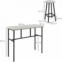 HOMCOM Ensemble Table De Bar Style Industriel 6 Pièces - 2 Tables, 4 Tabourets - Acier Noir Panneaux Particules Aspect Bois Gris - Gris -Table haute et bar Soldes 60352090 3