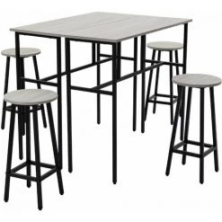 HOMCOM Ensemble Table De Bar Style Industriel 6 Pièces - 2 Tables, 4 Tabourets - Acier Noir Panneaux Particules Aspect Bois Gris - Gris -Table haute et bar Soldes 60352090 5