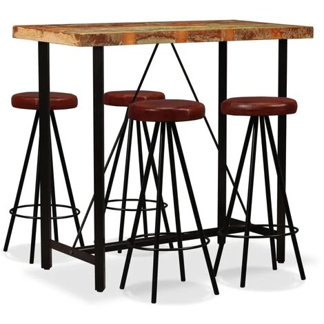 INLIFE Ensemble De Bar 5 Pcs Bois Massif Recyclé Et Cuir Véritable 3 INLIFE Ensemble De Bar 5 Pcs Bois Massif Recyclé Et Cuir Véritable