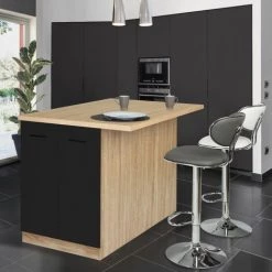Table haute et bar Soldes 43 IDMARKET Ilot Central IVO 120 Cm Bois Façon Hêtre Portes Noires Avec Plan De Travail