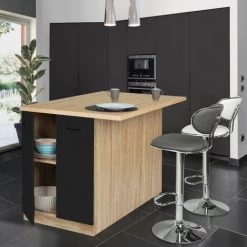 IDMARKET Ilot Central IVO 120 Cm Bois Façon Hêtre Portes Noires Avec Plan De Travail -Table haute et bar Soldes 60618053 4