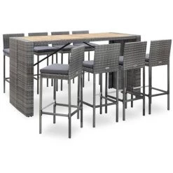 Table haute et bar Soldes 29 FIMEI Ensemble De Bar 9 Pcs Résine Tressée Et Bois D'acacia Gris