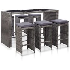 FIMEI Meuble De Bar De Jardin 7 Pcs Et Coussins Résine Tressée Gris