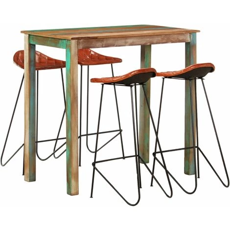 FIMEI Ensemble De Bar 5 Pcs Bois De Récupération Et Cuir Véritable 3 FIMEI Ensemble De Bar 5 Pcs Bois De Récupération Et Cuir Véritable
