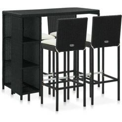 FIMEI Meuble De Bar De Jardin 5 Pcs Et Coussins Résine Tressée Noir