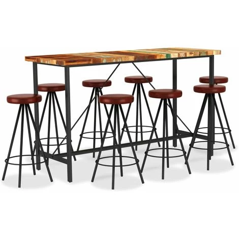 FIMEI Ensemble De Bar 9 Pcs Bois De Récupération Et Cuir Véritable 3 FIMEI Ensemble De Bar 9 Pcs Bois De Récupération Et Cuir Véritable