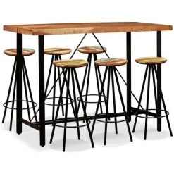 NOVA Ensemble De Table De Bar Avec Acacia Solide Et Selles De Récupération En Bois Divers Pièces Ensemble De Bar 7 Pcs Bois D'acacia Massif Et De Récupération