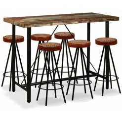 FUHUIDATRADING Ensemble De Bar 7 Pcs Bois De Récupération Cuir Véritable Et Toile