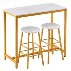 TALKEACH 100*45*92 Cm Table De Bar Simple En Marbre PVC Tabouret De Bar Rond Peinture Dorée (une Table Et Deux Tabourets) Blanc