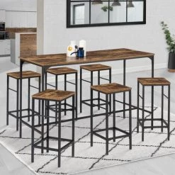 IDMARKET Table Haute De Bar DAYTON Et 6 Tabourets Effet Vieilli Design Industriel
