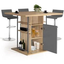 IDMARKET Ilot Central UGO 110 Cm Bois Gris Et Imitation Hêtre Avec Rangements Design Industriel -Table haute et bar Soldes 67263537 4