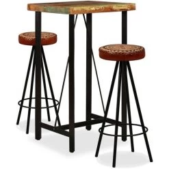 Ensemble De Bar Bois De Récupération Cuir Véritable Et Toile 3 Pcs VidaXL